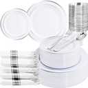 WELLIFE 210 Piece Silver Plastic Dinnerware Set for 30 Guests, Plastic Plates for Party, Include: 30 Dinner Plates, 30 Dessert Plates, 30 Pre Rolled Napkins with Silver Silverware and 30 Silver Cups