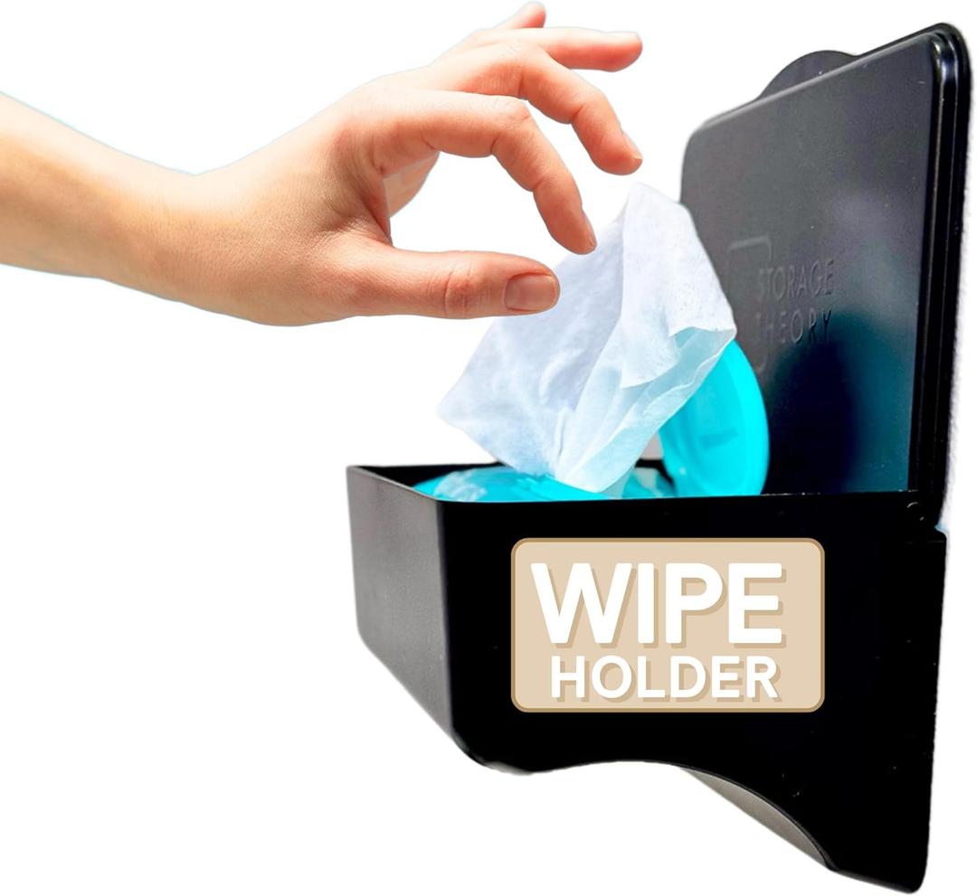 Wipe Holder for Bathroom  Adhesive Wall Mount Organizer for Wet Wipes  Bathroom Toilet Wipes Shelf & Baby Wipe Holder Dispenser, Organize Feminine Products  Black, 1 Pack
