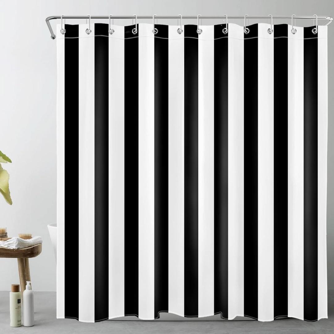 LB Black and White Shower Curtain, Striped Bathroom Curtain, 72x72 inch Waterproof Polyester Fabric, Fashion Bath Decor, Ring Hooks Included