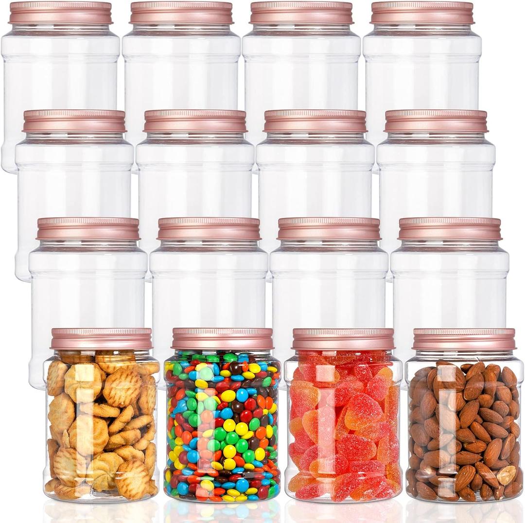 Fasmov 16 Pack 16 Ounce Clear Plastic Jars Containers with Rose Gold Lids, Round Empty Plastic Slime Storage Containers for Kitchen & Household Storage - BPA Free