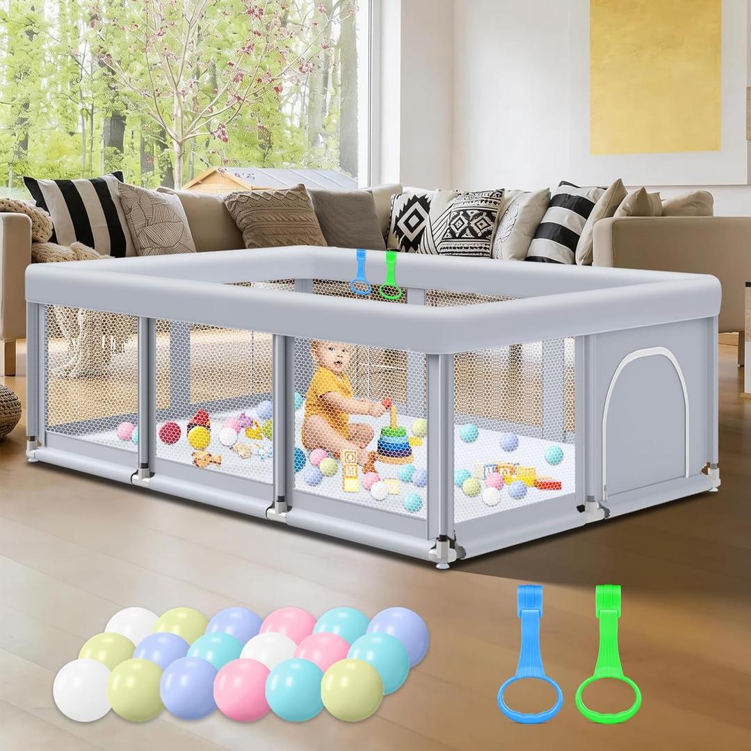 Fshibila 74" 50" Large Baby Playpen, Baby Playard for Babies and Toddlers, PlayPen for Indoor & Outdoor, Sturdy Safety Play Yard with Soft Breathable Mesh, Anti-Fall, Ball x 18, Handle x 2, Grey