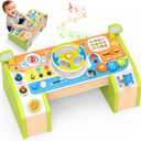 Montessori Car Busy Board for Toddlers, Wooden Sensory Steering Wheel Activity Baby Toy with Lights, Buttons, Gears & Key Start, Kids Interactive Educational Toys for Boys Girls