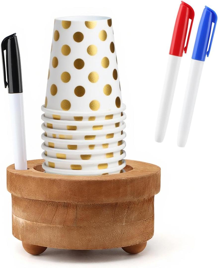 Wooden Cup Holder with Marker Slot & 3 Markers - Cup Holder Dispenser Circular Wood Stand for 10, 12, 16, 18 oz Cups - Organizer & Identifier
