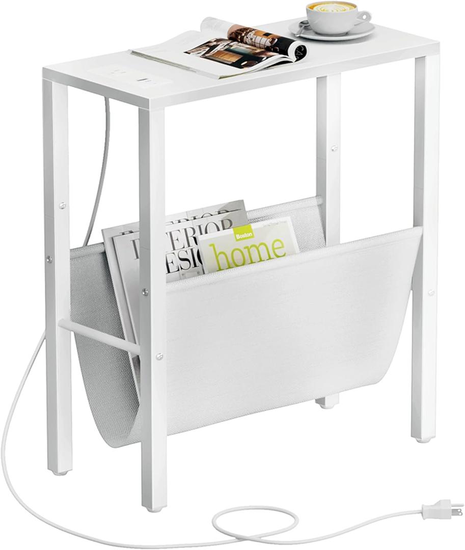 Vagusicc Narrow Side Table with Charging Station, Small End Table with Storage Pouch for Small Spaces, Slim Nightstand with USB Ports & Outlet, Thin Sofa Table Bedside Table for Living Room, Bedroom