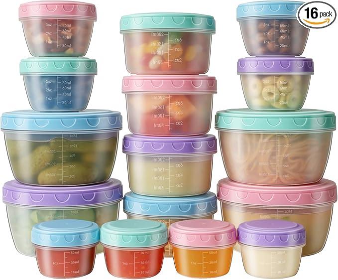 32 PCS Freezer Storage Containers with Lids, 16 Containers & 16 Lids Reusable BPA Free Plastic Soup Jars, Leakproof Salad Dressing Container to Go, Dishwasher & Microwave Safe Small Bowl Set