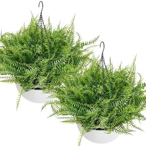 Set of 2 Artificial Hanging Ferns for Outdoors, Pre-Made Hanging Ferns for Outdoors Faux Greenery Plant Large Look Real Resistant UV Resistant for Indoor Balcony Front Porch Yard Garden Decor