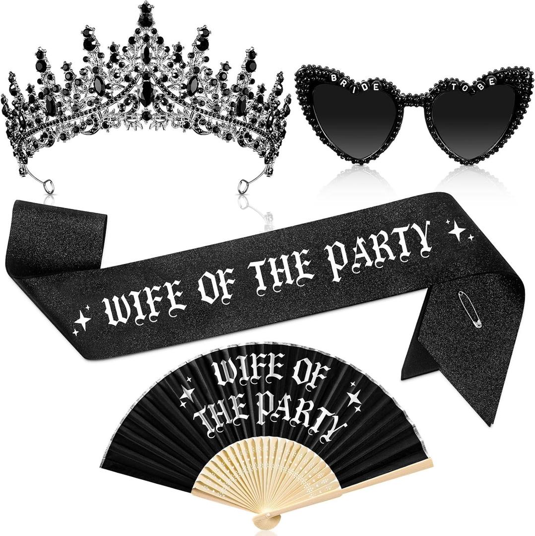 JaGely 4 Pcs Gothic Bachelorette Party Accessories Set, Bride Crystal Crown Sunglasses Sash and Fan for Bridal Shower(Wife of the Party)