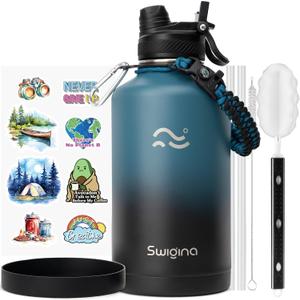[2-IN-1 LID] 64 oz Insulated Water Bottle with Silicone Boot (48hrs Cold/24hrs Hot) - DIY Stickers, Leakproof, BPA Free, Half Gallon (Cyan Black)