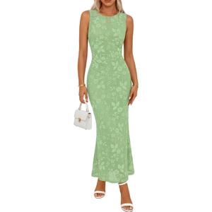 MEROKEETY Women's Summer Sleeveless Floral Bodycon Dress 2026 Spring Mesh Wedding Guest Cocktail Formal Party Maxi Dresses (Medium, Lightgreen)
