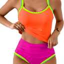 Eomenie Tankini Swimsuit for Women Tummy Control Ruched Two Piece Bathing Suits High Waisted Shell Stitch Swimwear (X-Large, Orange&hot Pink)
