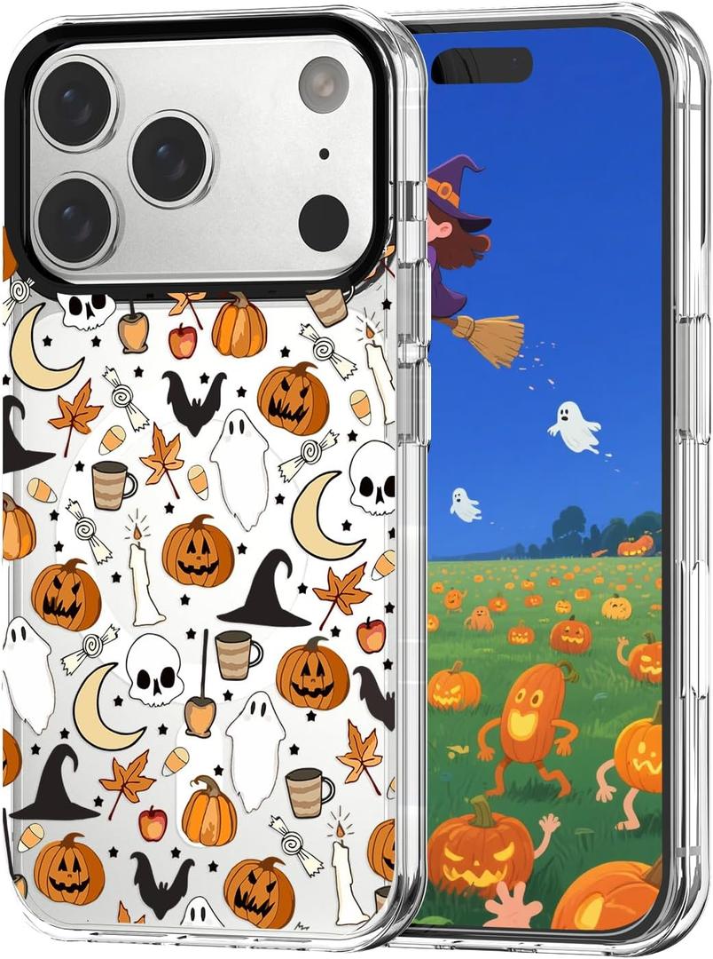 Ghost Phone Case Compatible for iPhone 17 Pro Max, Halloween Case Compatible with MagSafe, Clear TPU+Black Camera Frame Protection, Skull Bat Pumpkin Halloween Pattern Designed, Shockproof