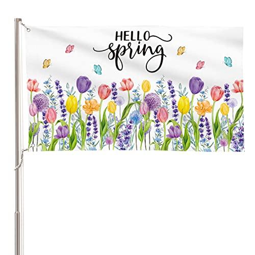 AVOIN colorlife Hello Spring Tulip Lavender House Flag 3x5 FT Double Sided, Seasonal Flower Large Banner Yard Outdoor Flag