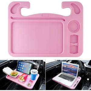 JUSTTOP 4 in 1 Car Steering Wheel Desk for Laptop,Versatile Upgraded Car Seat Tray,Spacious Steering Wheel Table with Tablet Holder and Dual Sauce Racks,Steering Wheel Under Table Console (Large+Pink)