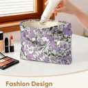 Elegant Purple Floral Flowers Makeup Pouch for Women Small Embroidered Make Up Bag for Zipper Initial Cute Canvas Makeup Cosmetic Bags Pouches for Purse Aesthetic Travel Toiletry