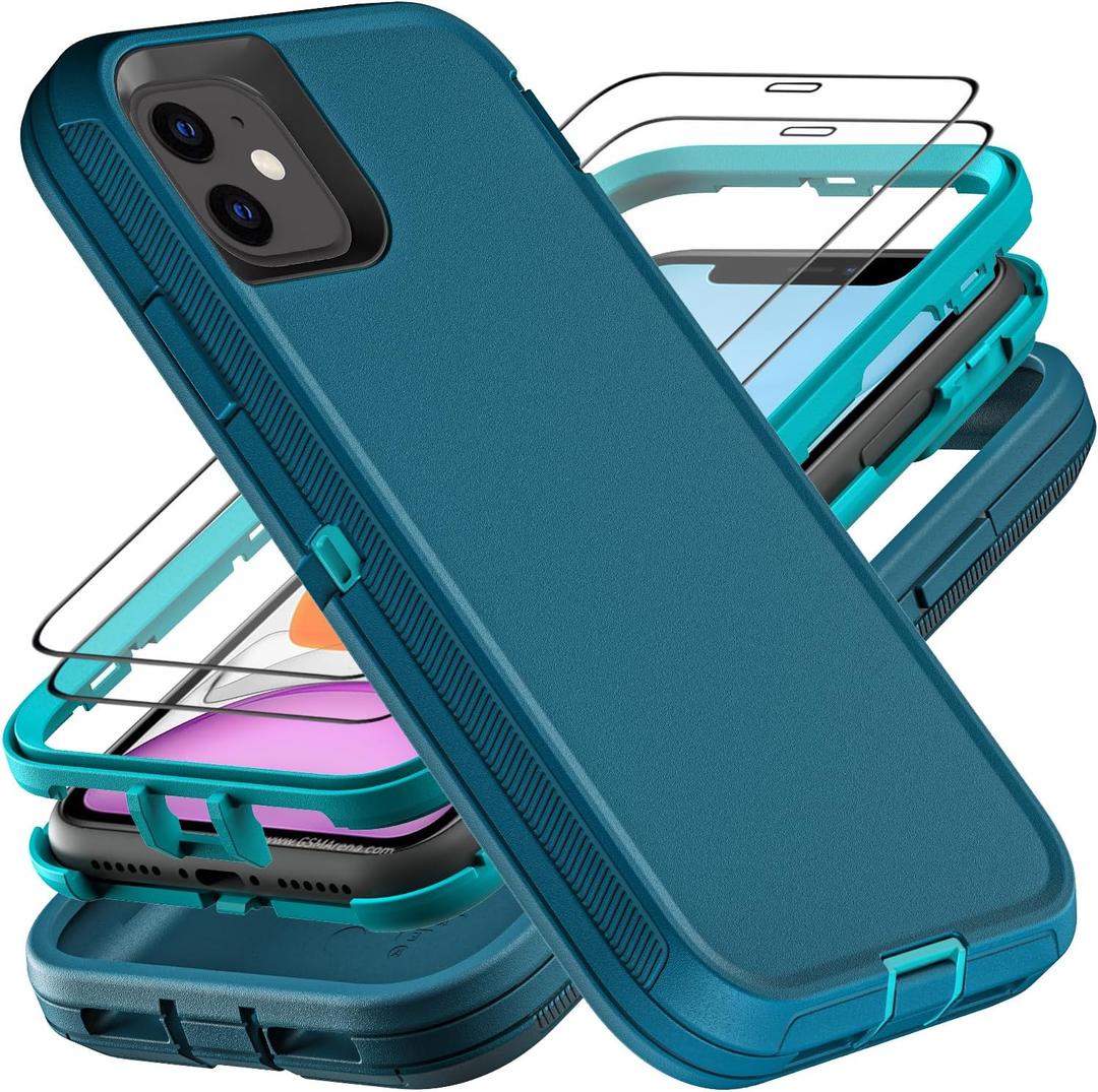 YKHJKLEC for iPhone 11 Case, Military Grade 3 in 1 Heavy Duty Shockproof/Drop Proof/Dust Proof Case with 2Pcs Tempered Glass Screen Protector (Blue/Turquoise)