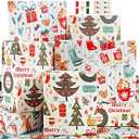 Pack of 2 Layninder Christmas Wrapping Paper, 8 Sheets Vintage Kraft Wrapping Paper w/Tags Stickers Rope, Xmas Paper w/Santa Reindeer Merry Christmas, Gift Paper for Holiday (27.6x19.7in, Folded)