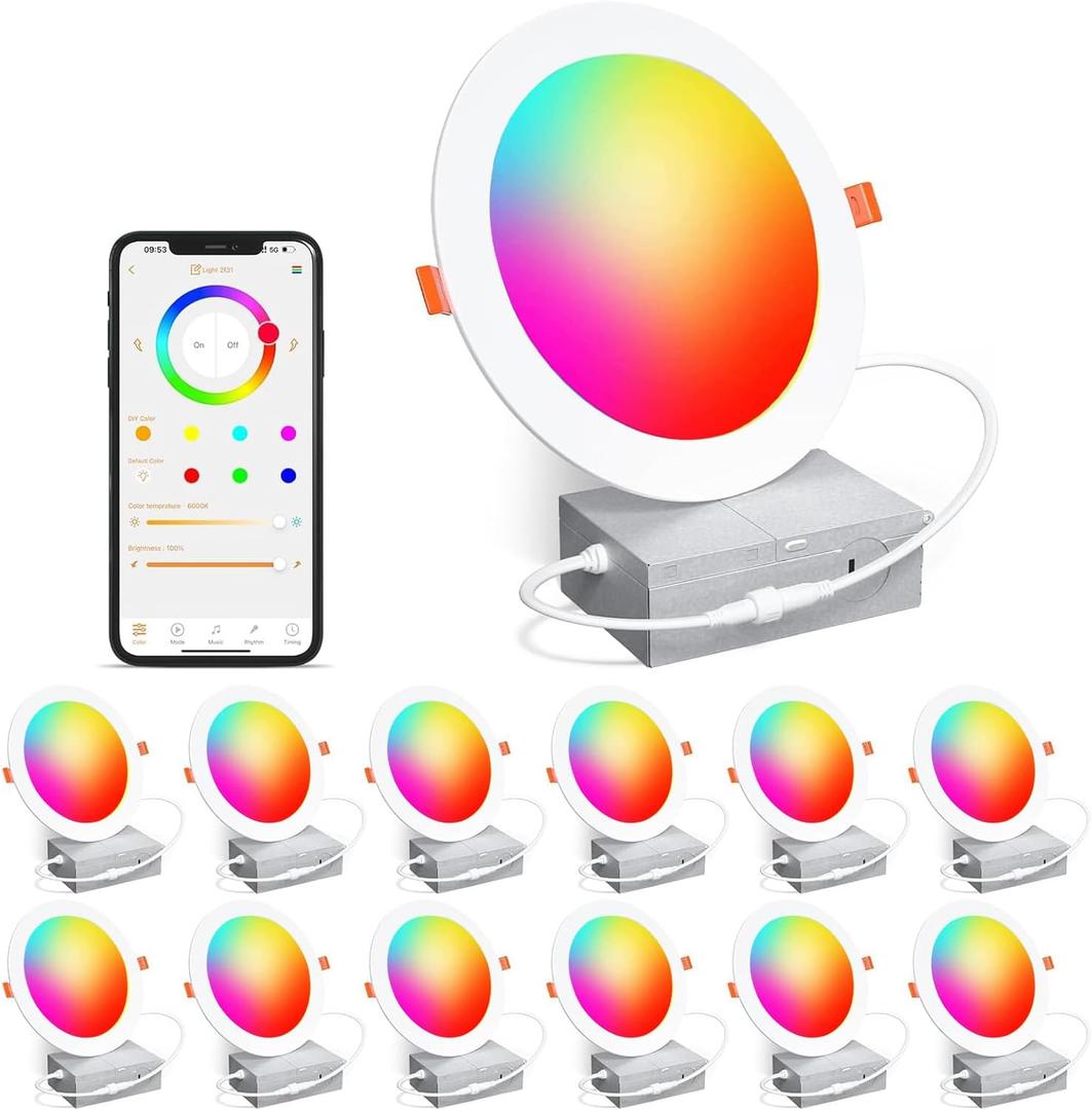 Recessed Lighting 6 Inch RGBCW Color Changing Smart Recessed Ceiling Lights 16W 1350LM LED Downlights Dimmable by Alexa & APP, 2700K-6500K,16 Million Colors - DIY Scenes - Timer - 23 Modes (12 Pack)