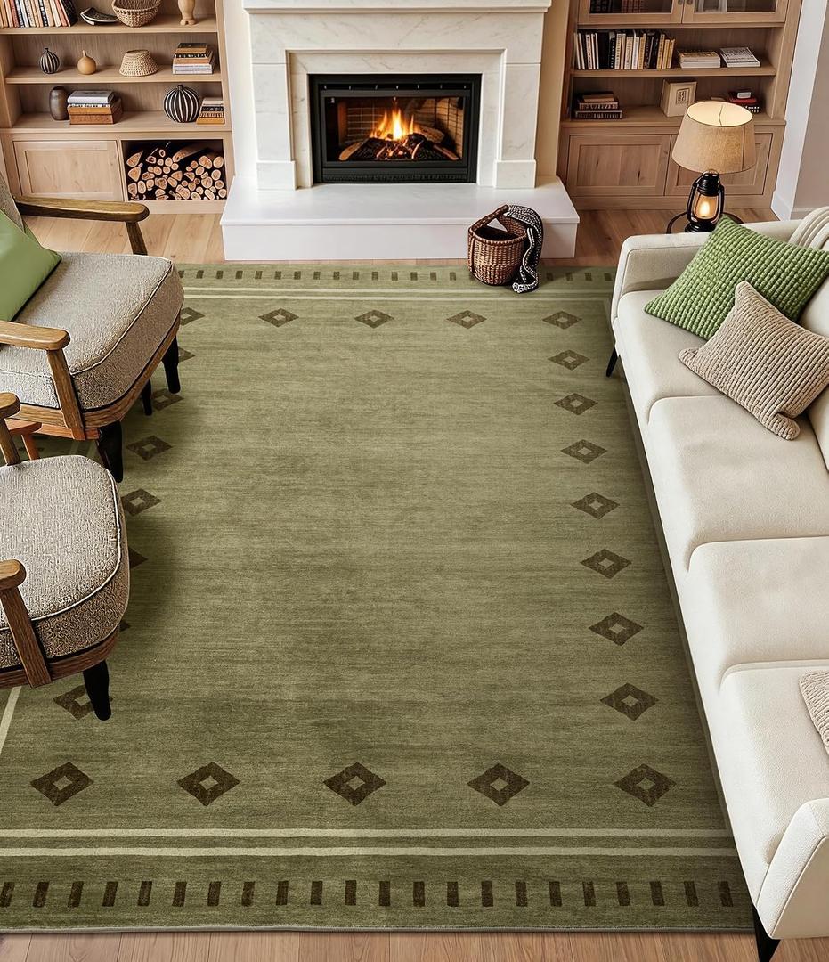 Green Diamond Bordered Rugs for Living Room 8x10, Non-Slip Washable Farmhouse Bedroom Rug, Low-Pile Indoor Carpets, Stain-Resistant Vintage Rugs for Dining Room, Office