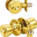 Design House Terrace Entry Door Knob and Single Cylinder Deadbolt Combo, Polished Brass, 6-Way Universal, 728329