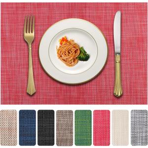 Vinyl Placemats Set of 8, PVC Woven Washable Non-Slip Table Mats, Heat Resistant Wrinkle Free Place Mats for Dining Table, Easy to Clean (8, Red)