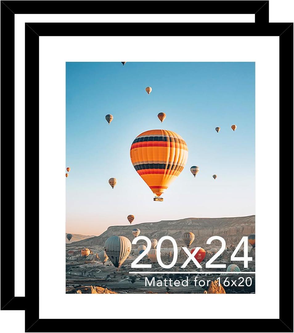 JCJMY 20x24 Picture Frame with 16x20 Mat Set of 2, Display Photo 16x20 with Mat or 20 x 24 Without Mat, Wall Hanging Large 20 by 24 Poster Frame with Plexiglass, 2 Pack, Black