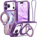 Meifigno Designed for iPhone 17 Pro Magnetic Case with Removable Phone Ring Stand, [Glitter Card & Wrist Strap] [MagSafe Compatible] [Built-in Mirror] Phone Ring Stand + Phone Case Kit, Purple