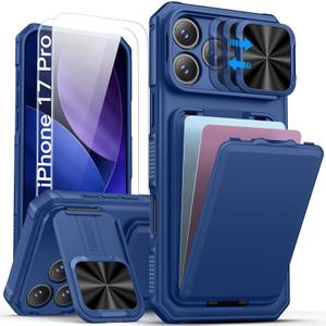 SSLOTSCASE for iPhone 17 Pro Case with 2X Screen Protector, Kickstand & Credit Card Holder & Sliding Lens Cover & Camera Stand & Wallet, Heavy Duty Sturdy Protective Case Cover for iPhone 17 Pro, Blue