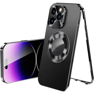Magnetic Metal Edge Full Body Military Drop Protection for iPhone 15 Pro Max Case,Compatible with MagSafe,Rugged Built-in Privacy Screen Protector Logo View Shockproof Cover,Black