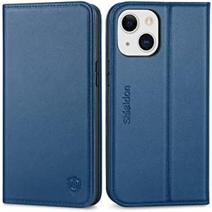 SHIELDON Case for iPhone 13 Mini, Genuine Leather Wallet Magnetic RFID Blocking Card Slots Kickstand Folding Shockproof Case Compatible with iPhone 13 Mini 5G (5.4") - Royal Blue