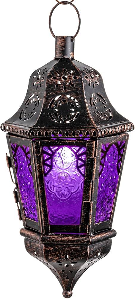 NEEDOMO Halloween Decorative Indoor Hanging Moroccan Lantern, 13.5'' Vintage Metal Candle Holder with 14.8" Chain, Ramadan Lanterns Decorative Indoor Outdoor for Home, Table, Patio, Porch (Purple)