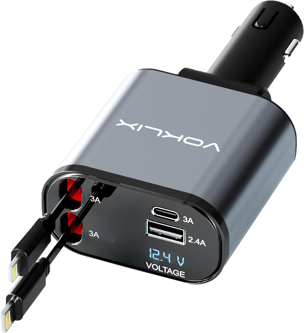 Retractable Car Charger, 4 in 1 Retractable Car Charger 66W with Cord 2.6ft, Retractable Cables and USB Ports Car Adapter Compatible with iPhone15/14 Pro (Dual Lightening)