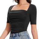 Amoretu Women's 2025 Ruched 1/2 Sleeve T-Shirts Square Neck Fitted Going Out Tops (Black, M)