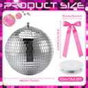 Suncalla 7 Inch Mirror Disco Ball with Pink Bow Hanging Coquette Ball with Silver Wire Retro Disco Party Decorations for Home Stage Events Bachelorette Party Birthday Bridal Wedding