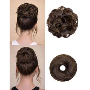 2PCS Messy Bun Hair Piece-Large Wavy Curly & Donut Updo Hair Pieces Set, Scrunchies Synthetic Chignon Ponytail Extensions Thick Updo for Women(Dark Brown Mixed Light Brown)