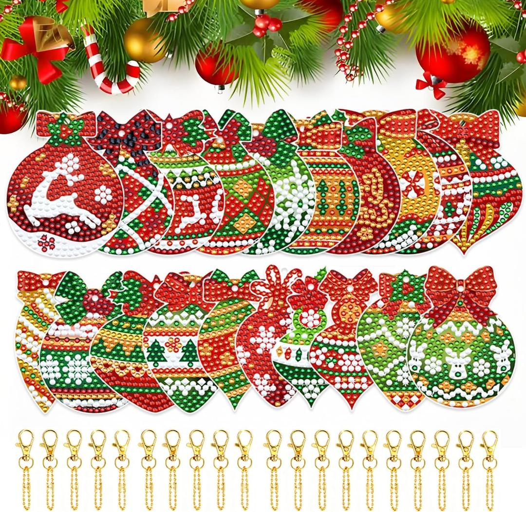 Saizamol 20 Pcs Christmas Diamond Painting Charm Kits Christmas Ball 5D DIY Diamond Art Pendants Hanging Key Charms for Christmas Party Decoration DIY