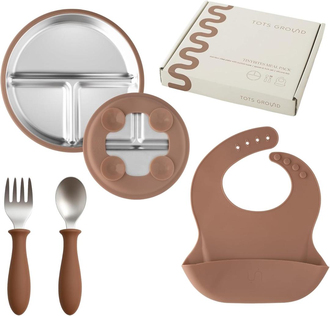 Stainless Steel Toddler Feeding Set 4 Pieces  Suction Plate, Silicone Bib, Spoon & Fork  Divided Plates for Baby Led Weaning, BPA-Free, Removable Shell (Mocha Mousse)