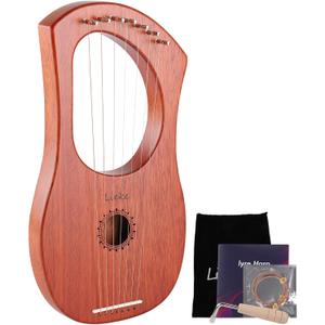 LIEKE 7 String Lyre Harp Instrument with Tuning Wrench,Metal Strings,Bag, Mahogany Body and Bone Saddle,Lyre Harp Kit Gift for Kids Adults Beginner