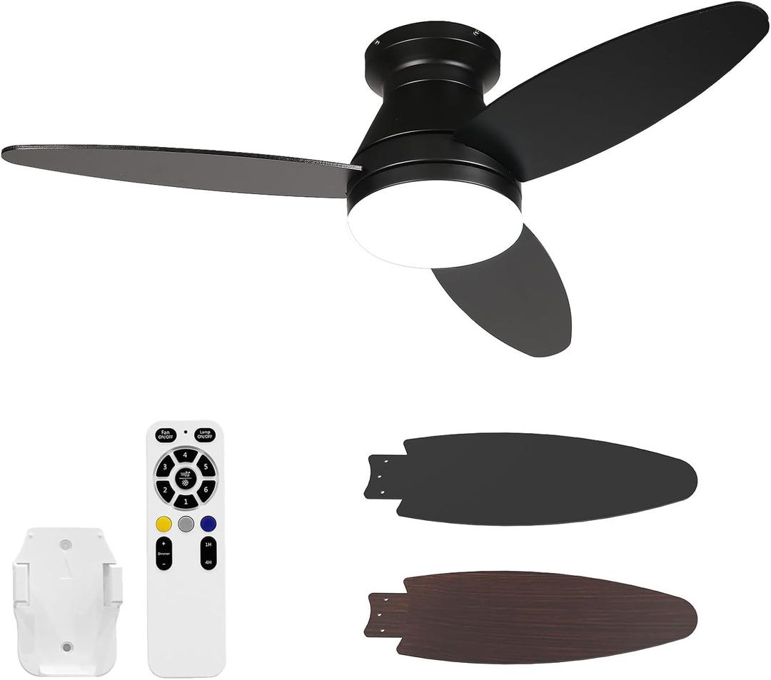 Flush Mount Ceiling Fans with Lights 42 Inch, 3 Blade LED Low Profile Ceiling Fans with Remote for Bedroom Living Room Patio, Dimmable, 3CCT, Quiet Reversible DC Motor, Black