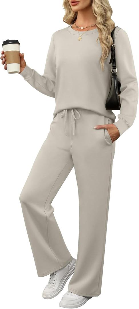 ANRABESS Women's 2 Piece Lounge Sets Casual Travel Outfits Wide Leg Tracksuit Sweatsuits Matching Set 2026 Fall Clothes (X-Large, Light Grey)