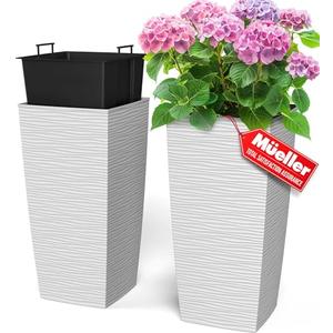 Mueller M-Resin Heavy Duty Tall Planters for Outdoor Plants, Indoor Grande Plant Pots, Boxes, Trees, Flower Pots, 2-Piece Set, 18”, Modern Design, Built-in Drainage, Front Porch Decor, White