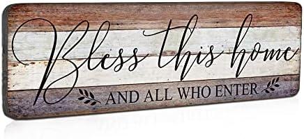 Farmhouse Family Wall Decor Rustic Wood Hanging Wall Art - Bless This Home And All Who Enter - Family Signs for Home Decor Inspirational Quotes for Hallway, Kitchen, Living Room 16"x5"
