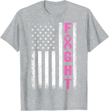 Fight Breast Survivor American Flag Breast Cancer Awareness T-Shirt L