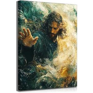 Hands of Jesus Wall Art The Hand of God Jesus Reaching Into Water Christ Religion Canvas Wall Decor Blue Ocean Bible Pictures Posters Prints Paintings for Living Room Bedroom Church Decor 24x36 Framed