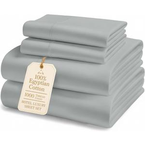 100% Egyptian Cotton Sheets Queen Size Set  1000 Thread Count Silky Sateen Weave Sheets, 15" Secure Fit Deep Pocket Queen Sheet Set, Naturally Breathable, Hotel-Quality Luxury You Can Feel - Silver