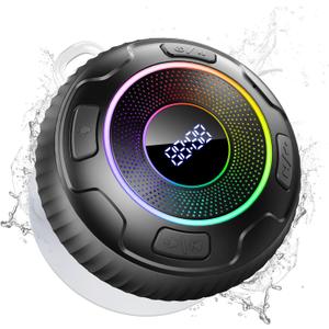 Hupoaf Bluetooth Shower Speaker, Bluetooth Speaker 5.3, 6D Sound, Portable Speaker with Suction Cup/Hook, IPX7 Waterproof, with LED Light/Time Display, for Outdoor/Party/Bathroom//Kayak/Gift (Black)
