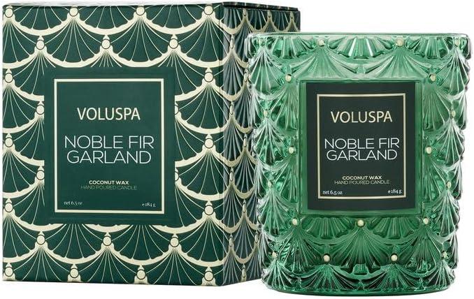 Voluspa Noble Fir Garland Boxed Candle, 6.5 oz, Coconut Wax Blend, Scented Candles for Home, 40 Hour Burn Time, Handcrafted in The USA
