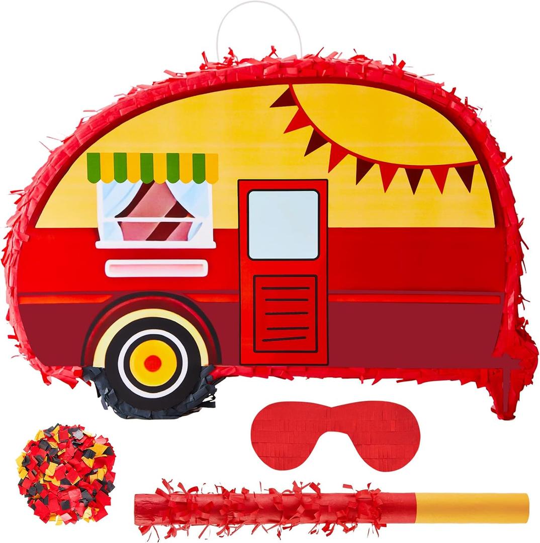 Meooeck Camping Adventure Piata Theme with Blindfold Bat and Confetti Birthday Piata Camp Party Decorations Camper Party Mexican for Camping Photo Prop Candy Holder(Car)