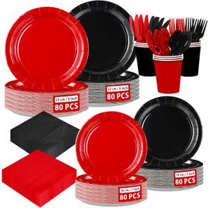 560 Pcs Red and Black Party Decorations Graduation Black and Red Plates Napkins Cups Forks Disposable Stranger Tableware Set for Congrats Grad Fiesta Holiday Wedding Birthday Party Supplies Serves 80