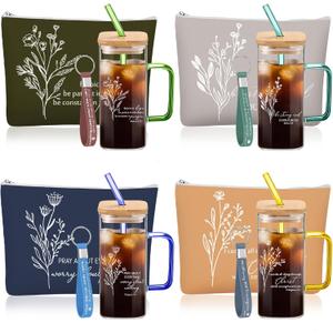 Skylety 12 Pcs Christian Gifts for Women 13.5 oz Bible Verse Glass Cup Religious Makeup Cosmetic Bag Silicone Keychain Gift for Mothers Day Teachers Graduation Sunday School Pastor Wife Church Favors