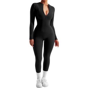 SUUKSESS Women Long Sleeve Ribbed Jumpsuit Zip up Front Workout Bodycon Romper (Medium, 01 Black)